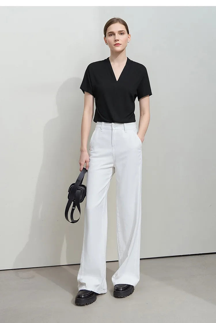 AMII Minimalism 2026 Summer Women's T-shirt Classic Style Casual V-neck Short Sleeve Solid Stretch Female Tops & Tees 12312013