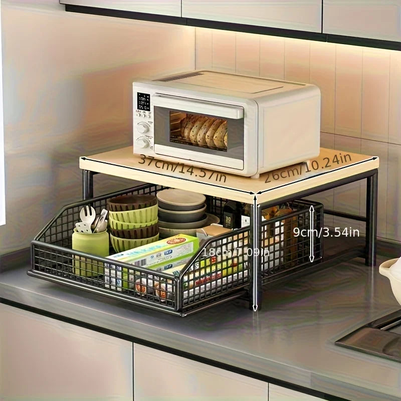 Space-Saving Kitchen Countertop Organizer with Drawer & Wire Basket - Sturdy Hardwood  Shelf for Coffee Maker.