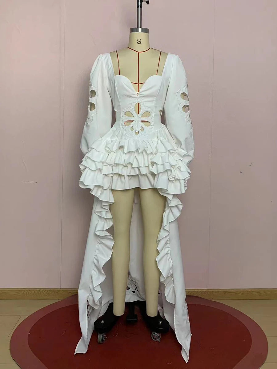 VGH Fashion Style White Cutout Floral Accent Gown for Women Square Collar Puff Sleeve Asymmetric Train Skirt for Beach Elopement