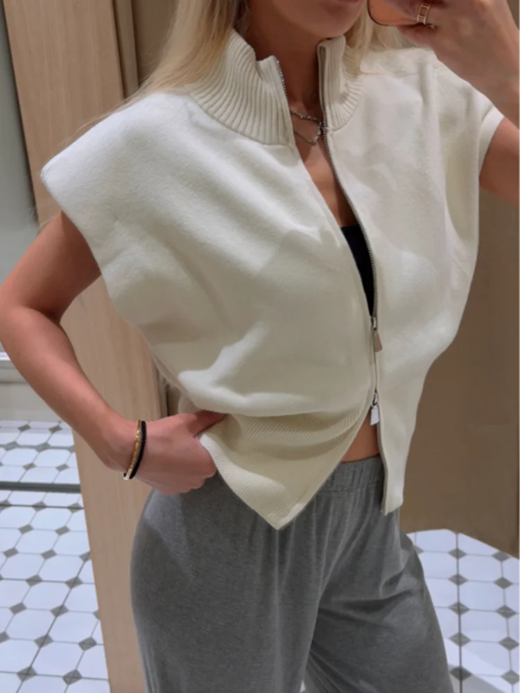 Women's Double Zipper Knit Vest Stand Collar Shoulder Pad Sleeveless Slim Cropped Sweater 2026 Autumn All-match Casual Outfits