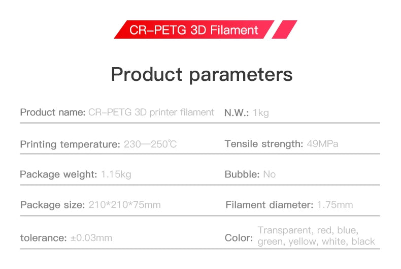 Creality CR-PETG Filament 1.75 mm Excellent Toughness Odourless Non-Toxic Moisture Resistant 1KG Filament for 3D Printer