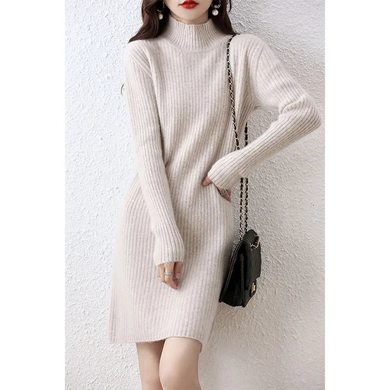 Fashion Cashmere Sweater Womens Knitted Dresses 100% Merino Wool Turtleneck Elegant Dress Autumn Winter Long Sleeve Short Skirts