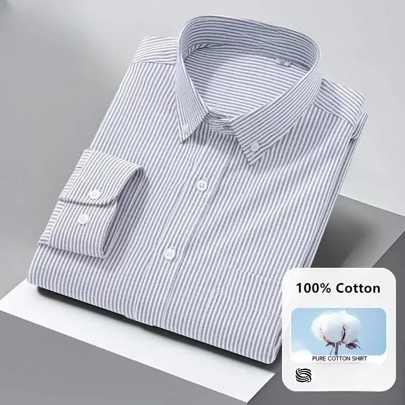 High Quality Men's Dress Shirts Long Sleeve Spring Autumn 100% Cotton Oxford Causal Stripe Social Slim White Man Clothing 5XL