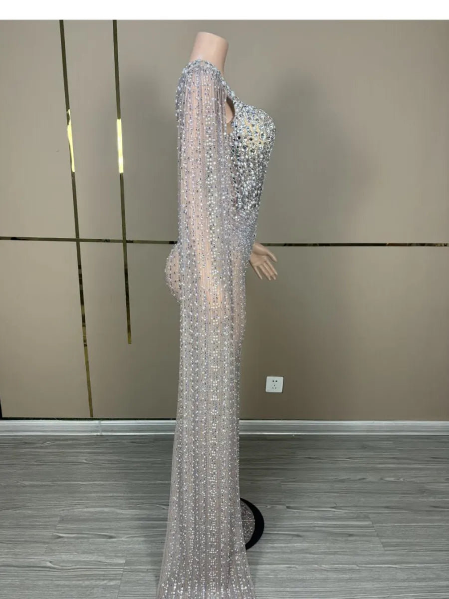 Luxury Sparkling Champagne Large Crystal Transparent Long Train Dress Set Birthday Celebration Dress Evening Wedding Dance Dress