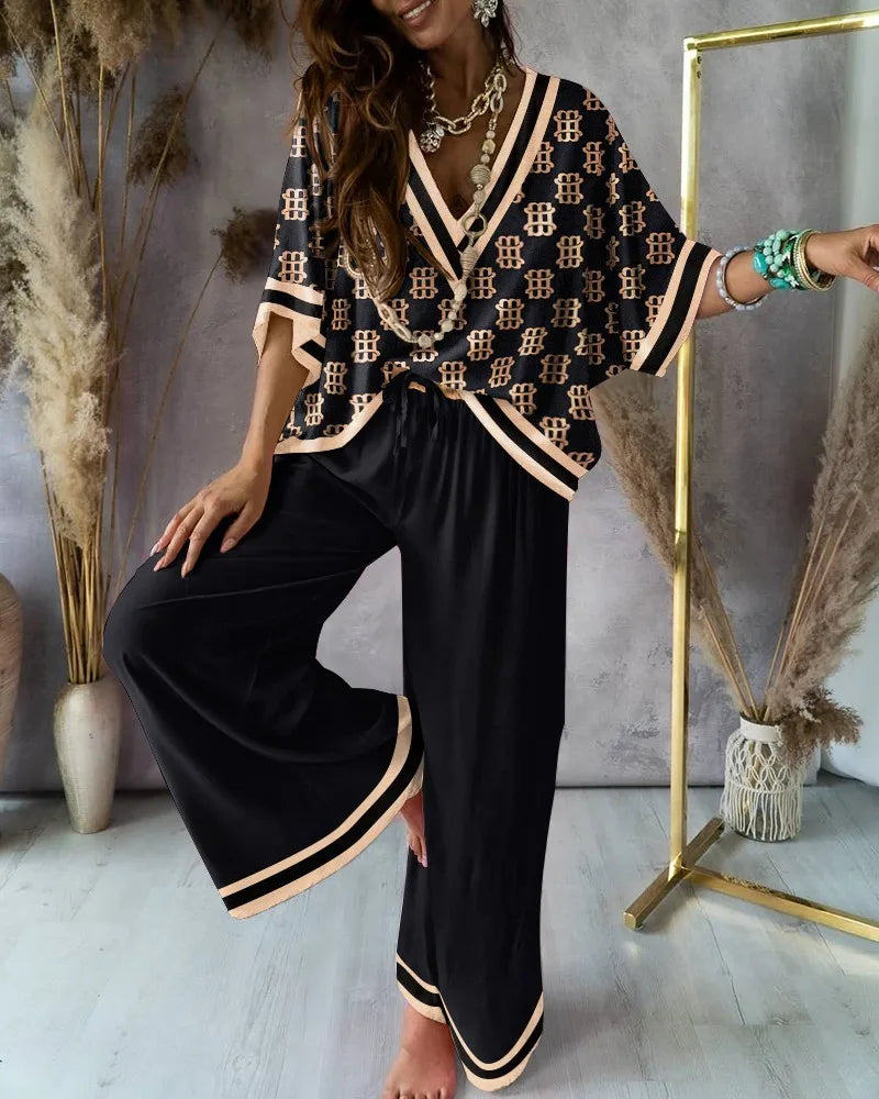 Sexy V Neck Batwing Sleeve Shirt Pants Sets For Women Spring Summer Fashion Print Blouse Trousers Two Piece Sets Femme Outfits