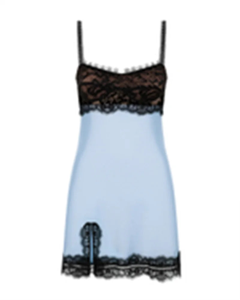 Mozision Contrast Lace Satin Slip Sexy Mini Dress Women Y2K Elegant Vintage Spaghetti Strap Sleeveless Backless Club Party Dress