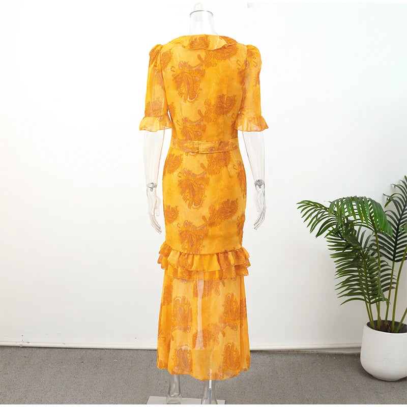 Organza Floral Printed Maxi Dress V-neck Puff Sleeve 2026 Spring/summer Romantic Women Party Gown Fashion Elegant Lady Vestido