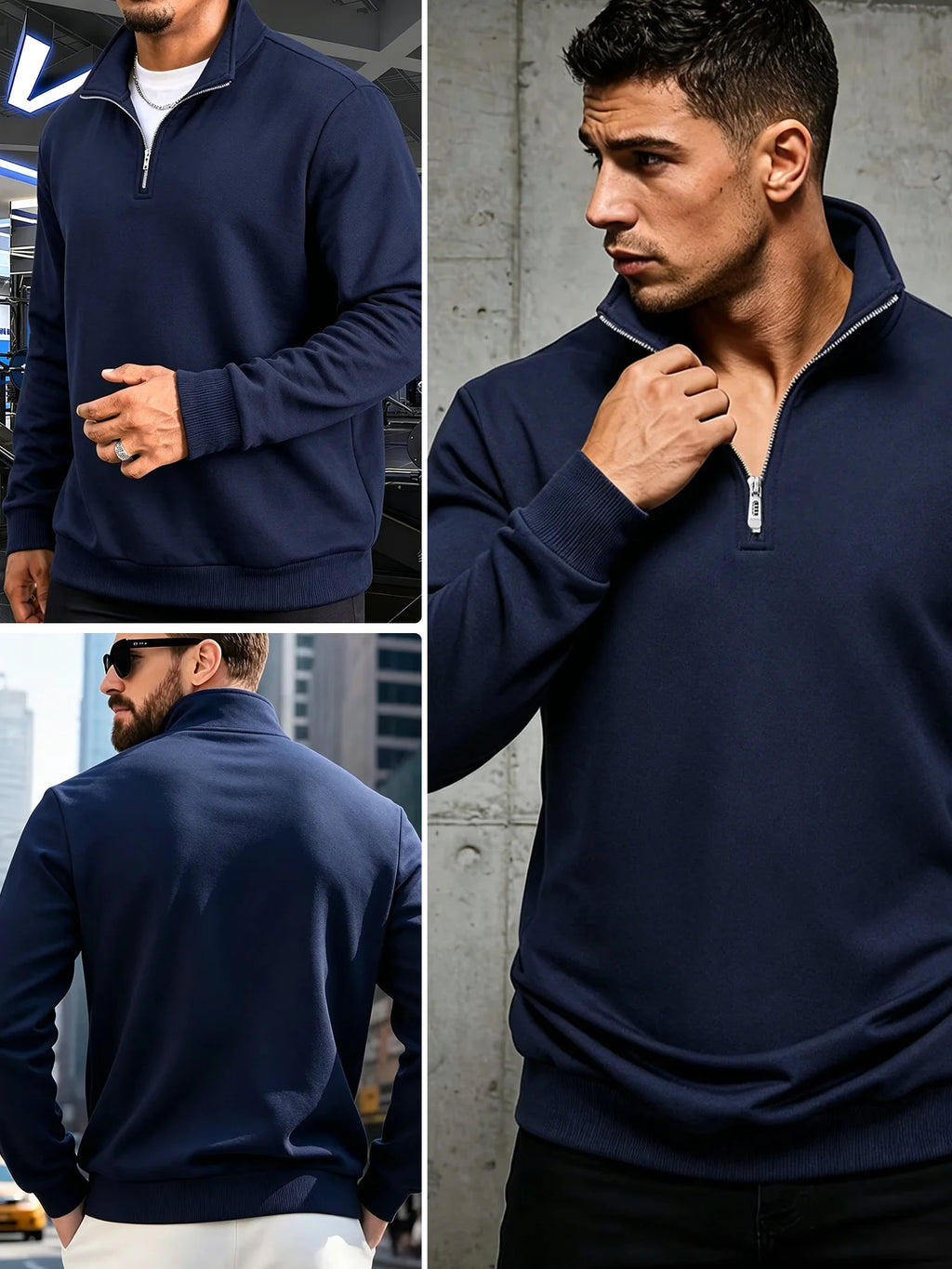 Men Solid Plain Crew Neck Sweatshirt Classic Rib Round Collar Cuffs & Hem Reinforced Waffle Stitching Soft Lightweight Wrinkle