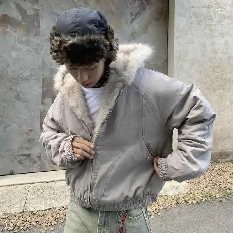 winter retro american woolen collar hooded cotton jacket thick plush top men street hip hop gothic harajuku oversize jacket coat