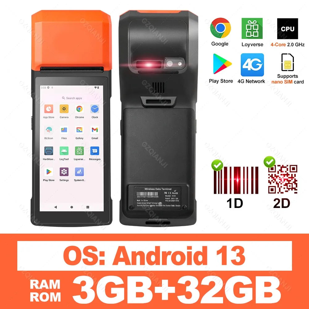 New 4G Android 13 POS PDA Terminal 1D 2D Barcode Scanner Reader Built-in Thermal Receipt Bill Printer Handheld Wifi NFC Loyverse
