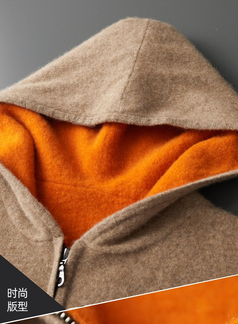 New Men's 100% Merino Wool Double Sided Wearable Hooded Sweater Casual Autumn Winter Coat Long Sleeved Men's Wool Sweater Tops