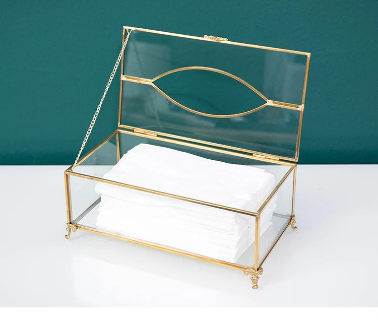 Vintage Brass Glass Tissue Box Living Room paper Storage Holder Tea Table Desktop Paper Box Hotel Restaurant Tissue Organizer