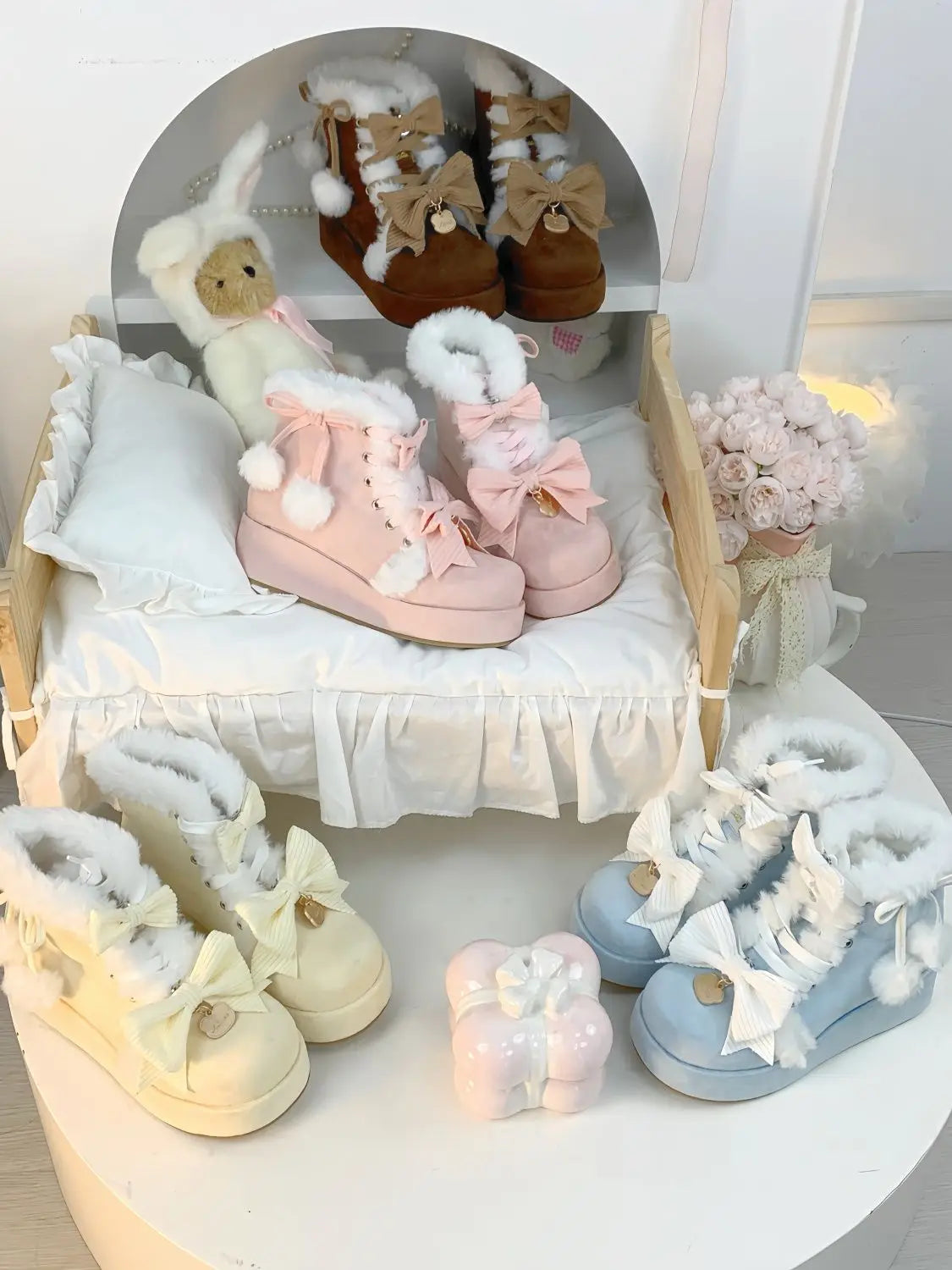 Sweet Girls Lolita Winter Snow Boots,Students Cute Plush Warm Bowknots PU Leather Lace Up Heightening Platform Shoes