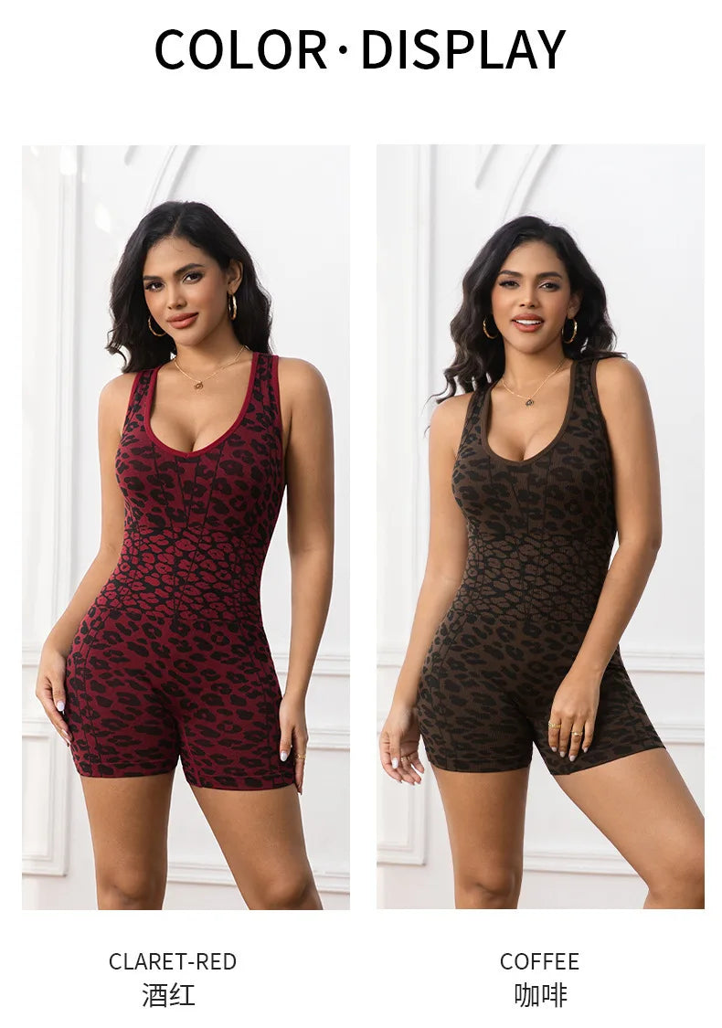 Women Seamless Leopard Print Yoga Jumpsuit Crisscross Back High Stretch Hip Lift Tummy Control Breathable Workout Romper Shorts