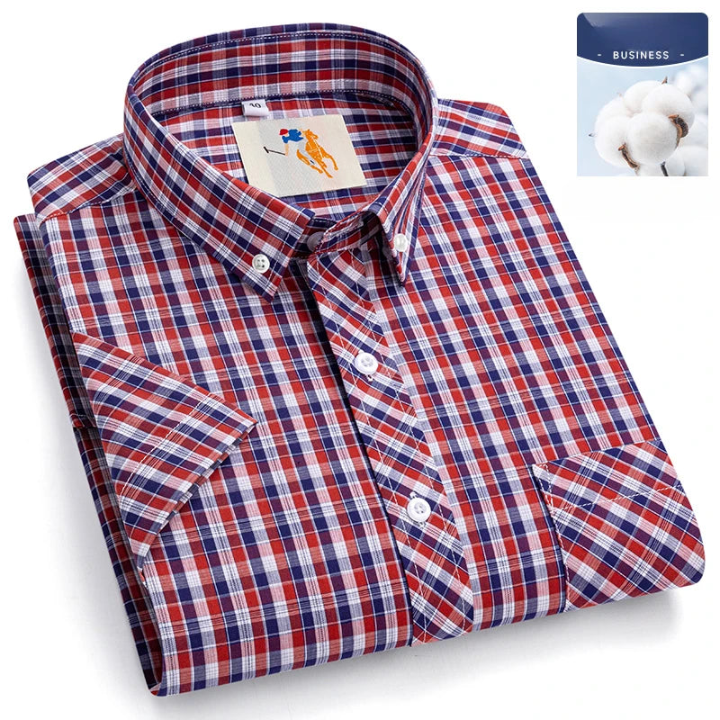 Fashion Korean Plus Size 8XL 100%Cotton Short Sleeve Shirts for Men Slim Fit Formal Plain Shirt Plaid Hawaiian Shirt Casual Top