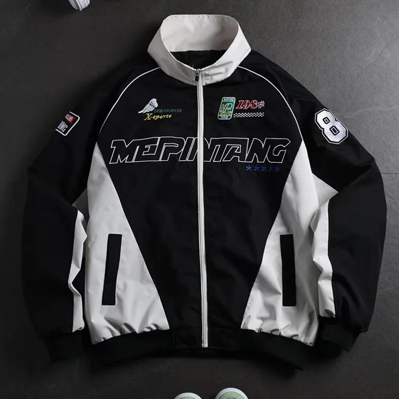 Men's Black White Color Block Racing Jacket Stand Collar Zip Up Windbreaker Retro Sports Coat With Patches