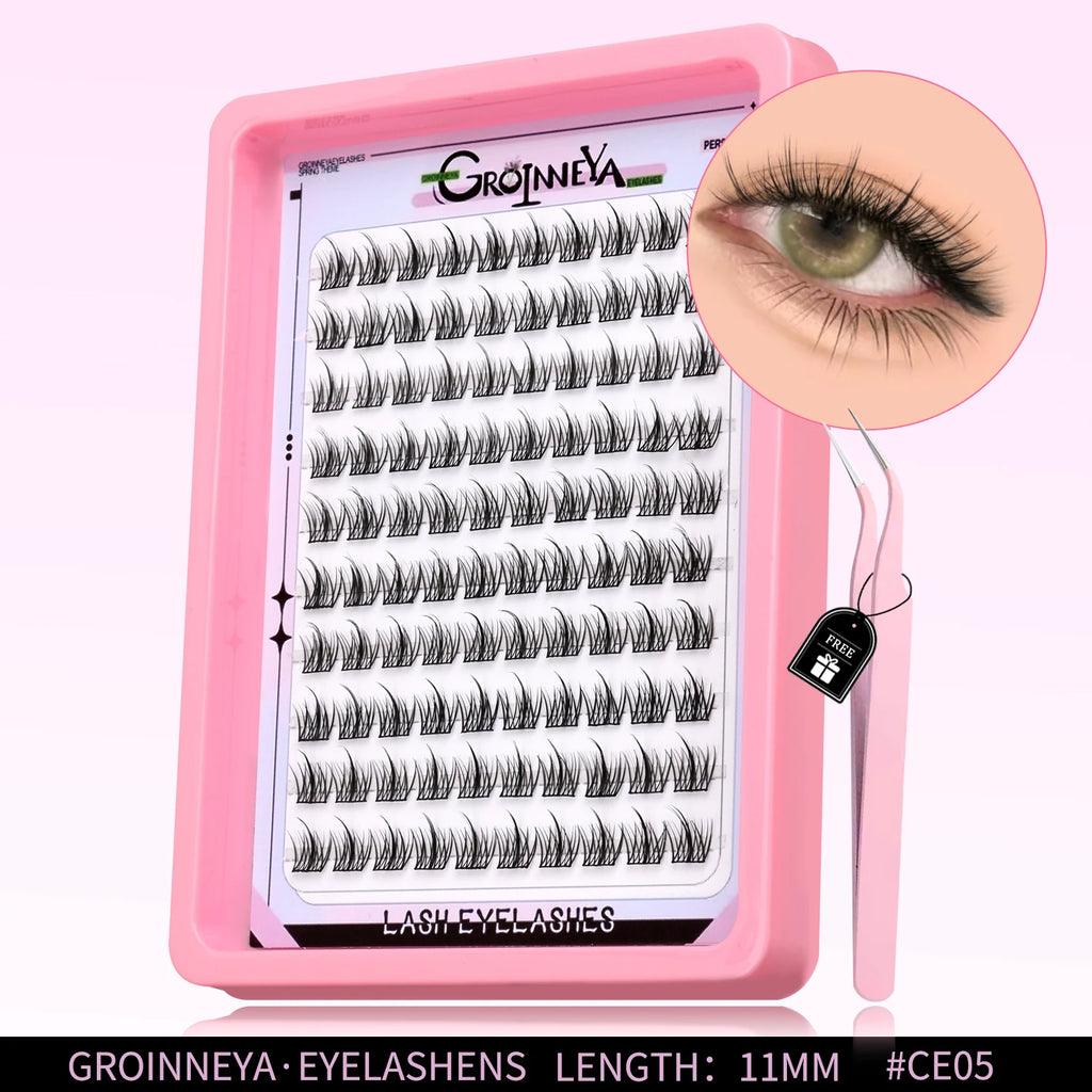 GROINNEYA Natural Cluster Lashes C Curl Manga Lashes Soft Cross Wispy Individual Cluster Anime Eyelashes Extension Eye Makeup