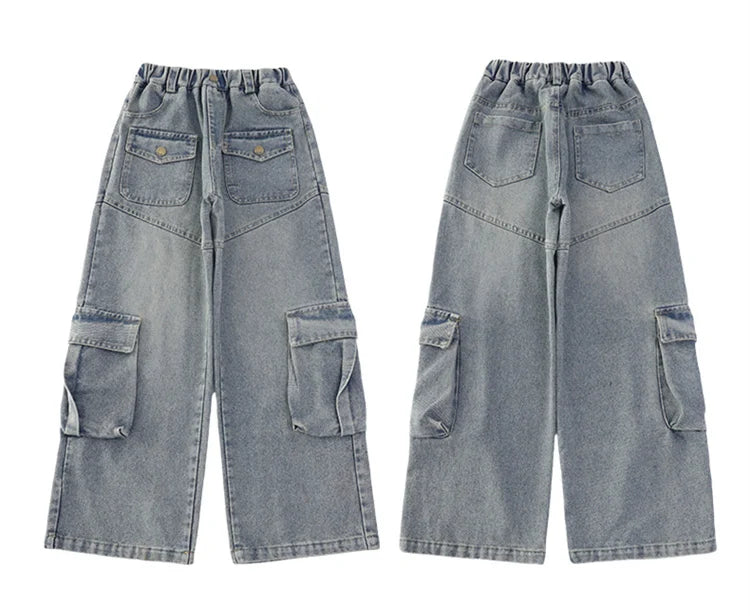 Elegant Fashion Kids Children Cargo Jeans Pants with Multi Pocket for Teenage Girls Loose Straight Casual Denim Trousers 5-14 Y