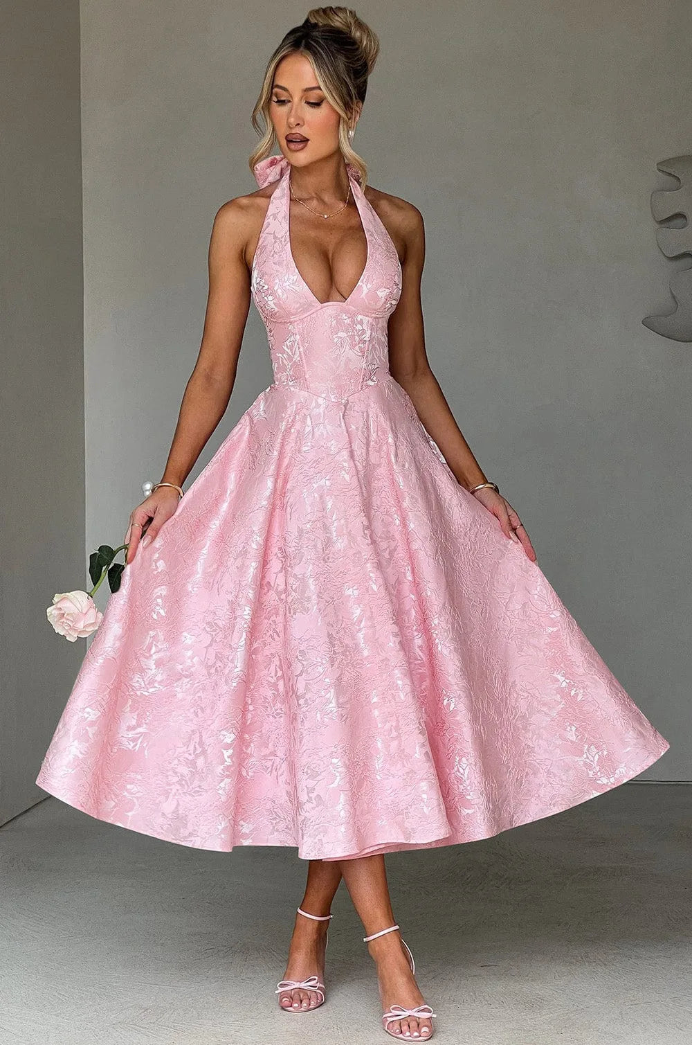 Puss Deep V-Neck Halter Dress Woman Summer Jacquard High-end evening dress Backless Elegant Patchwork Solid Party Sexy Vestidos