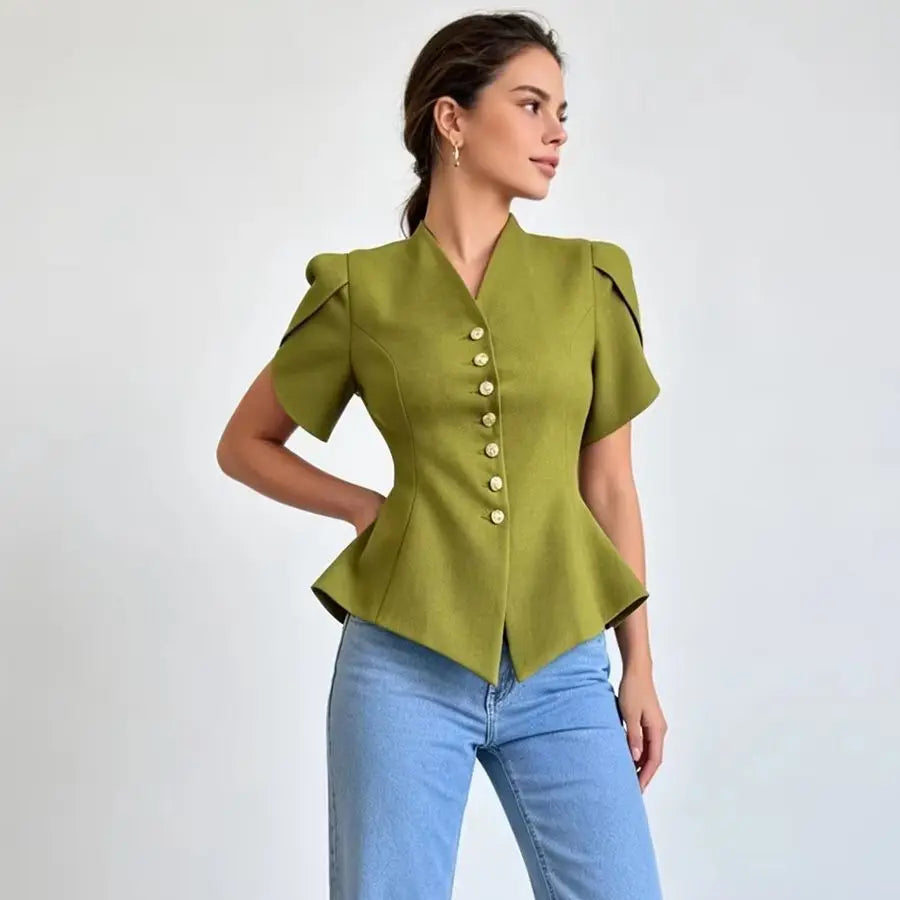 LIMO Peplum Blazer Top with V-Neck, Puff Sleeves and Decorative Buttons
