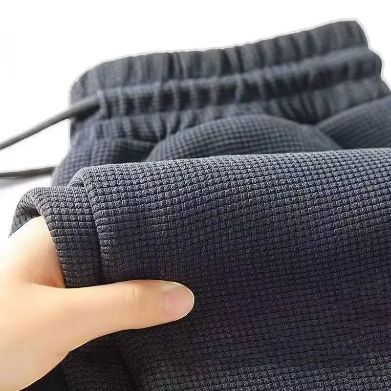 Men's Retro Knitted Waffle Sweatpants, Loose Straight Leg Solid Color Pants with Elastic Waist and Drawstring, Suitable for Autu