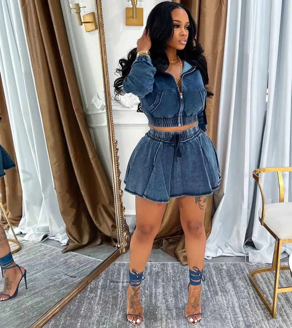 Women Two Piece Sets Skirt Set Denim Hooded Zipper Full Sleeve Tops Short Skirts A Line High Waist Y2k Streetwear Elegant 2026
