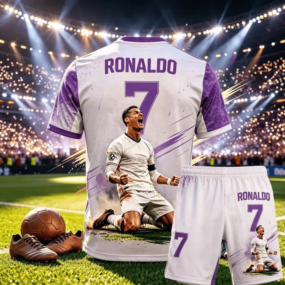 CR7 Ronaldo No.7 Theme Soccer Outfit Adult Children 3D Print Jersey Shorts Two Piece Sports Suit For Fans parent-child Clothing