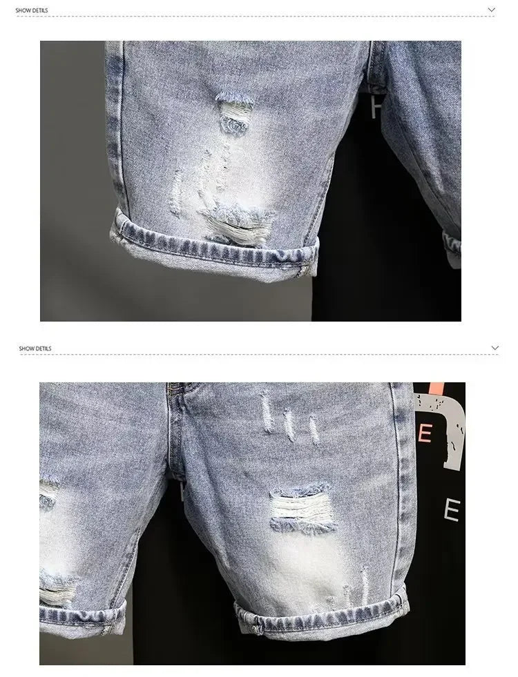 Trendy Blue Denim Shorts For Men Casual Style Slim Fit Korean Version Ripped Pockets Summer Lightweight Trousers