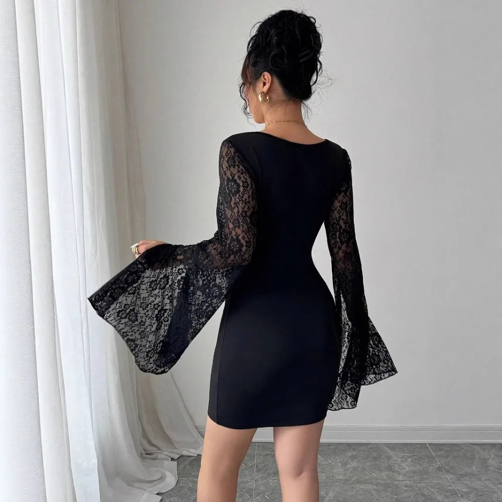 2026 Autumn New Flare Sleeve Split Lace Patchwork Square Neck Bodycon Dress Women