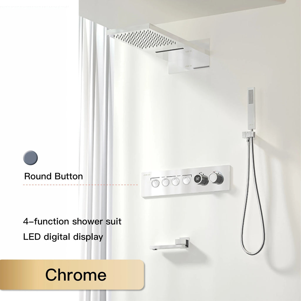 Luxury Black Brass Shower System, Wall Mounted Led Digital Display, Cold Hot Dual Control, Four Function Ceiling Shower Tap