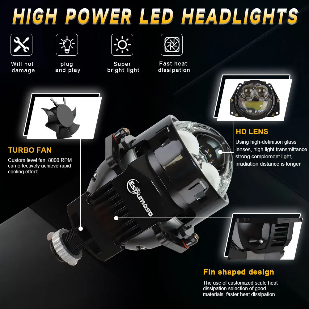 3inch Dual Hyperboloid Bi-LED Projector Lenses 6000K Hella 3R H4 H7 9005/9006 Car Led Light Bulbs Upgrade Retrofit Kits Turbo