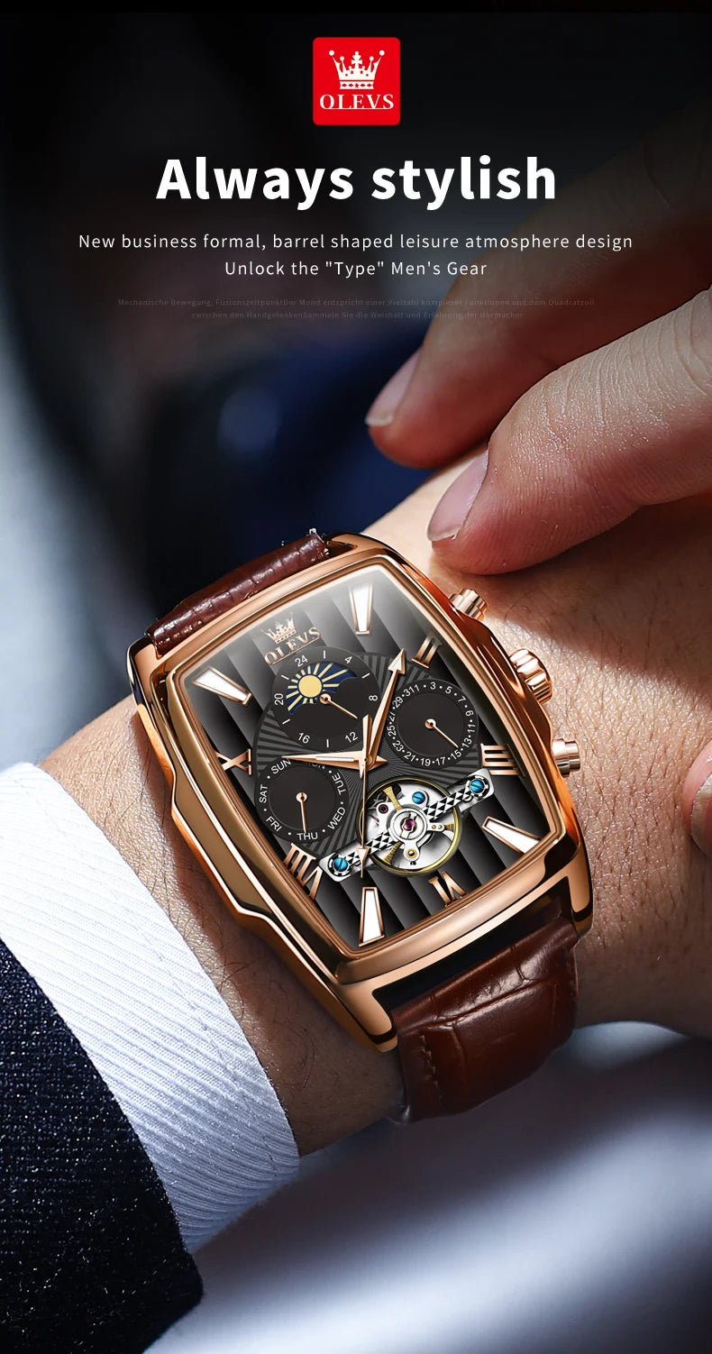 OLEVS 6675 Mens Watch Flywheel Multifunctional Chronograph Mechanical Watch Leather Strap Square Watches For Man High Quality