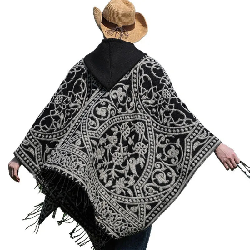 2025 New Men's Imitation Wool Cape Shawl Cross-border Hot Selling Hooded Woven Slit Cape Autumn and Winter Poncho Cloak P8