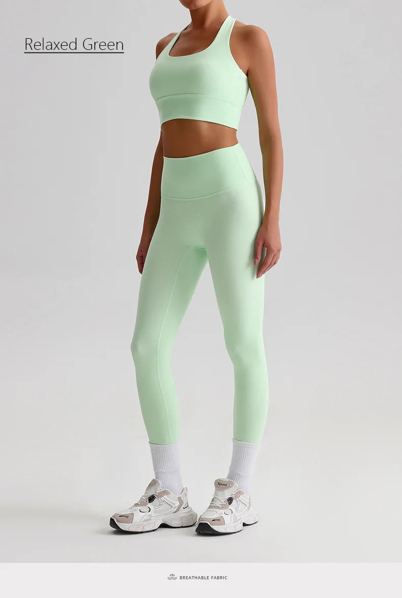 Naked Feel Yoga Set Women Fitness Sportswear 2 Piece Strappy Sports Bra High Waist Gym Leggings Workout Outfit Active Wear