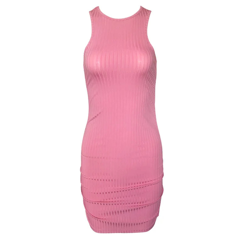 Sexy Stripes Thread Knitting Slim Bodycon Dress Women Sleeveless Solid Color Skinny Mini Dress Elegant Club Party Vestidos