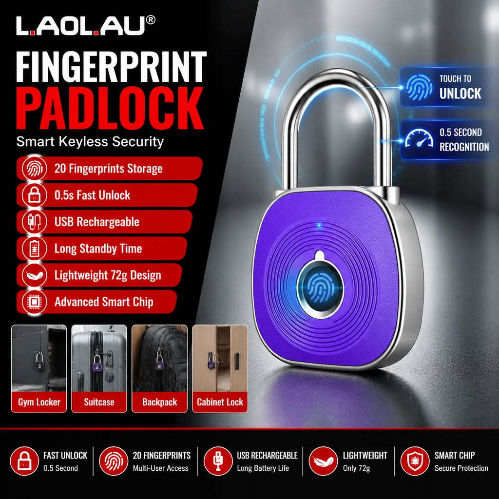 Fingerprint Smart Padlock Keyless Biometric Lock Waterproof USB Rechargeable 0.5s Unlock 20 Fingerprints, Cabinet Luggage Door