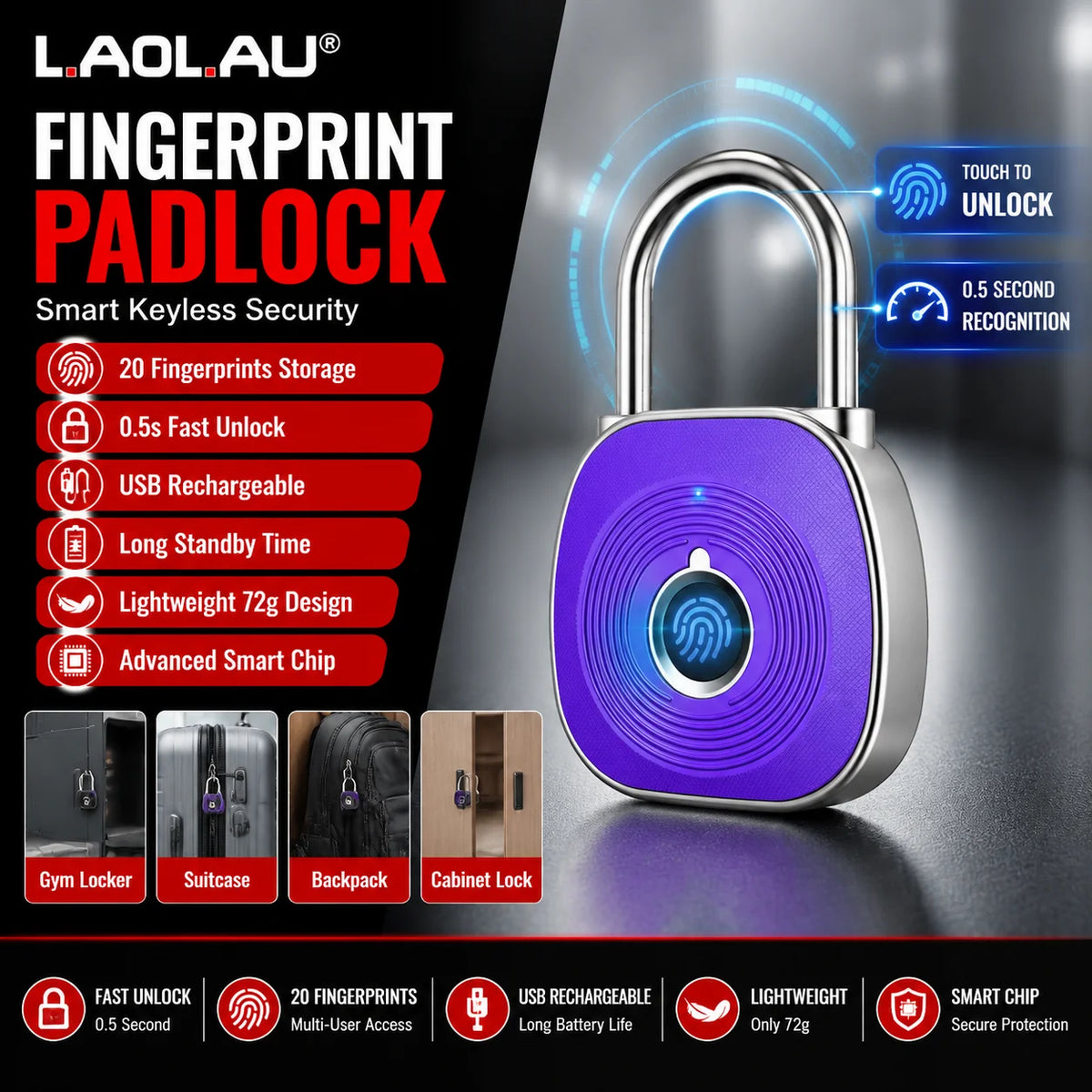 Fingerprint Smart Padlock Keyless Biometric Lock Waterproof USB Rechargeable 0.5s Unlock 20 Fingerprints, Cabinet Luggage Door