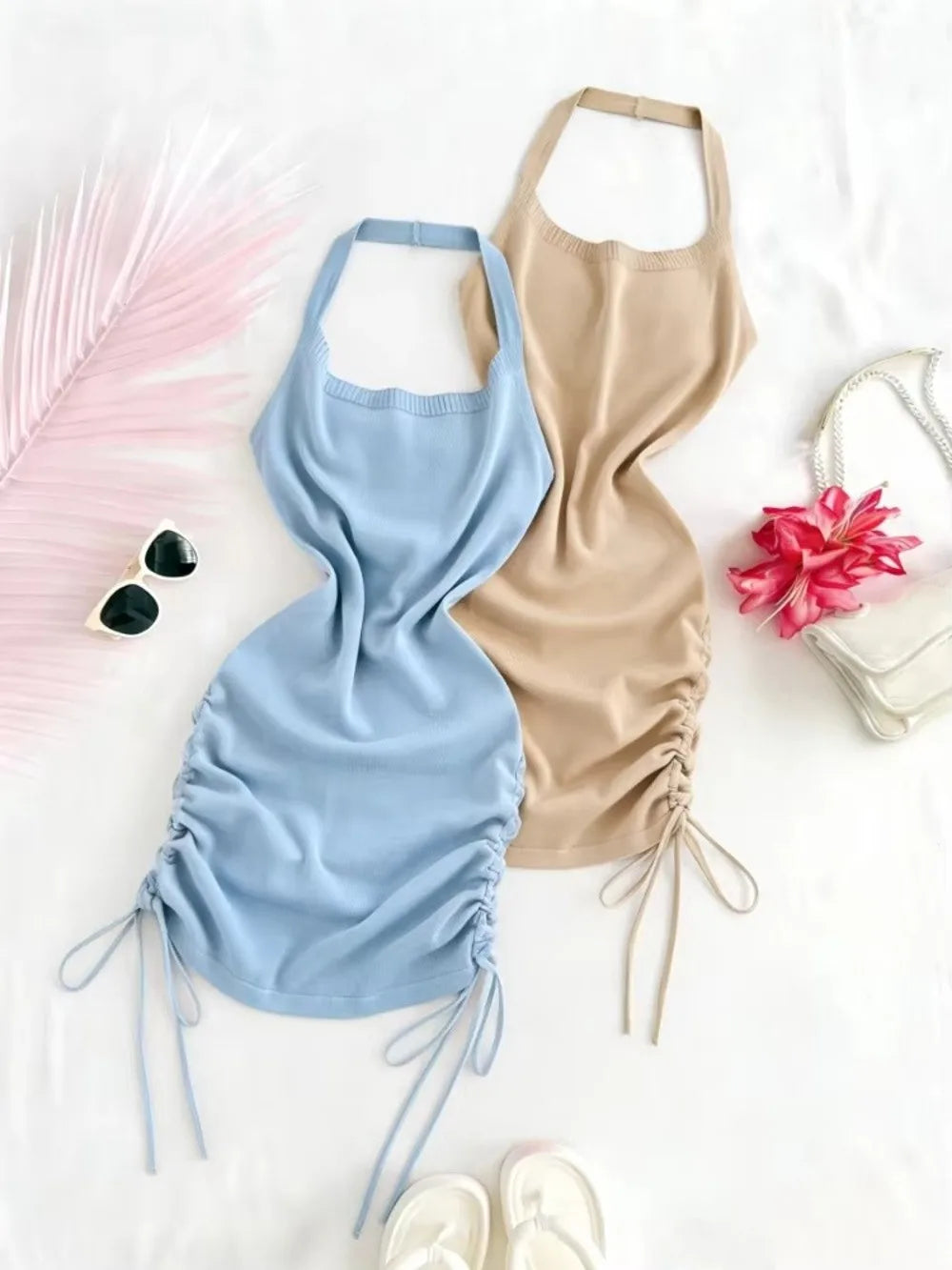 Solid Color Halter Neck Dress Ruched Side Sleeveless Design Bodycon Dress Stretchy Knit Drawstring Sundress Women Summer Wear
