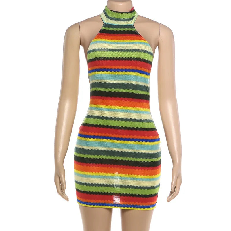 Cryptographic Striped Knit Halter Mini Dress Colorful Contrast Sleeveless Backless Summer Casual Clubwear Bodycon Short Dresses