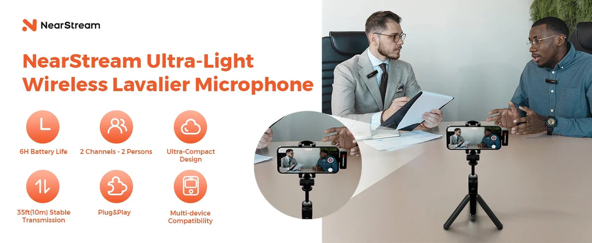 NearStream AWM10T Plus 1-to-2 Wireless Lavalier Microphone, AI DSP Noise Canceling, 33Ft Stable Transmission, 6H Long Battery, Auto Pair Plug & Play Mic for Classroom Vlog Live Stream iPhone Android PC