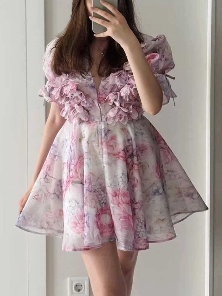 FSMG Sweet Pink 3D Flower Big Puff Sleeve V Neck Dress Fashion French Style High Waist A-line Mini Sexy Short Skirt Evening Robe