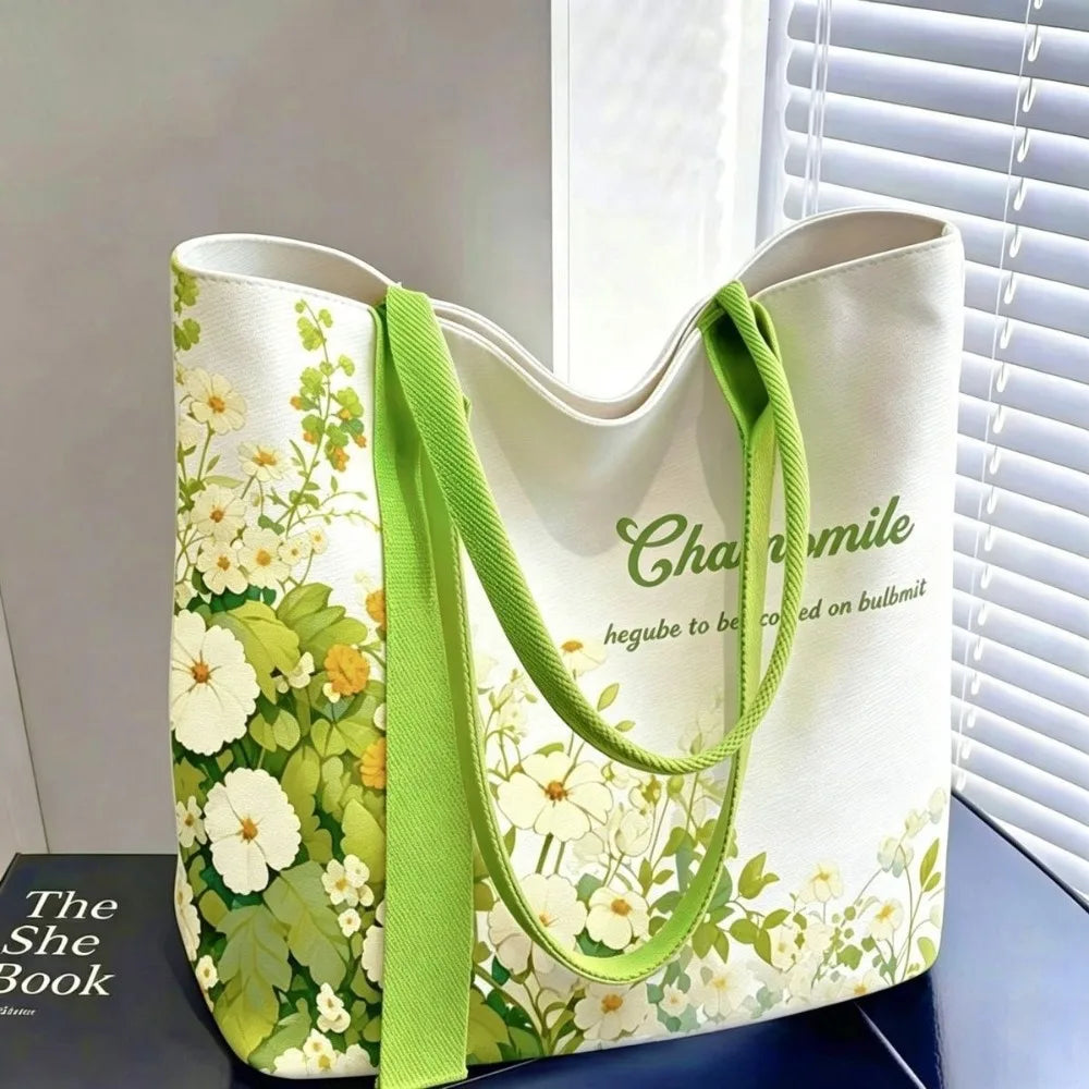 Portable Floral Canvas Tote Bag Large Capacity Reusable Commute Handbag Lightweight Shopping Bag For Work