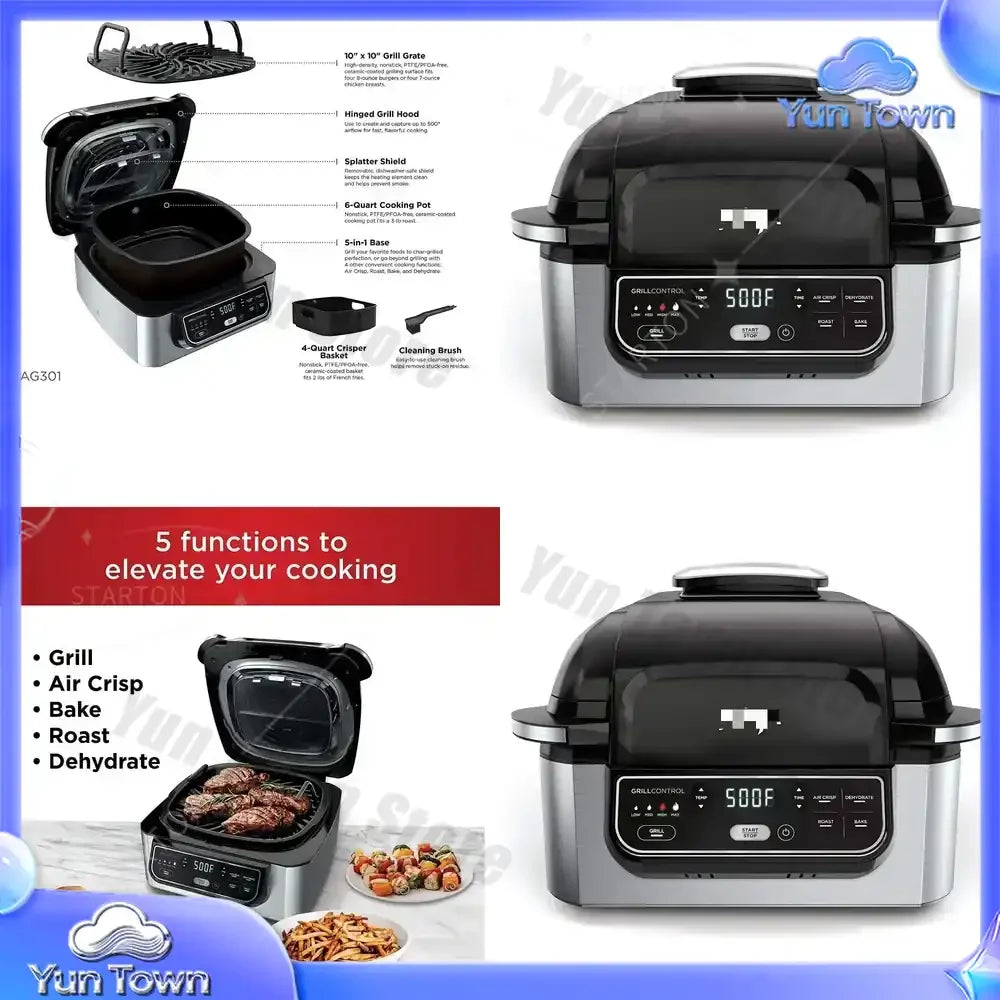 5-in-1 Indoor Electric Grill for Air Fryer Roast Bake Dehydrate Programmable Kitchen Appliance for Home Cooking Black Silver