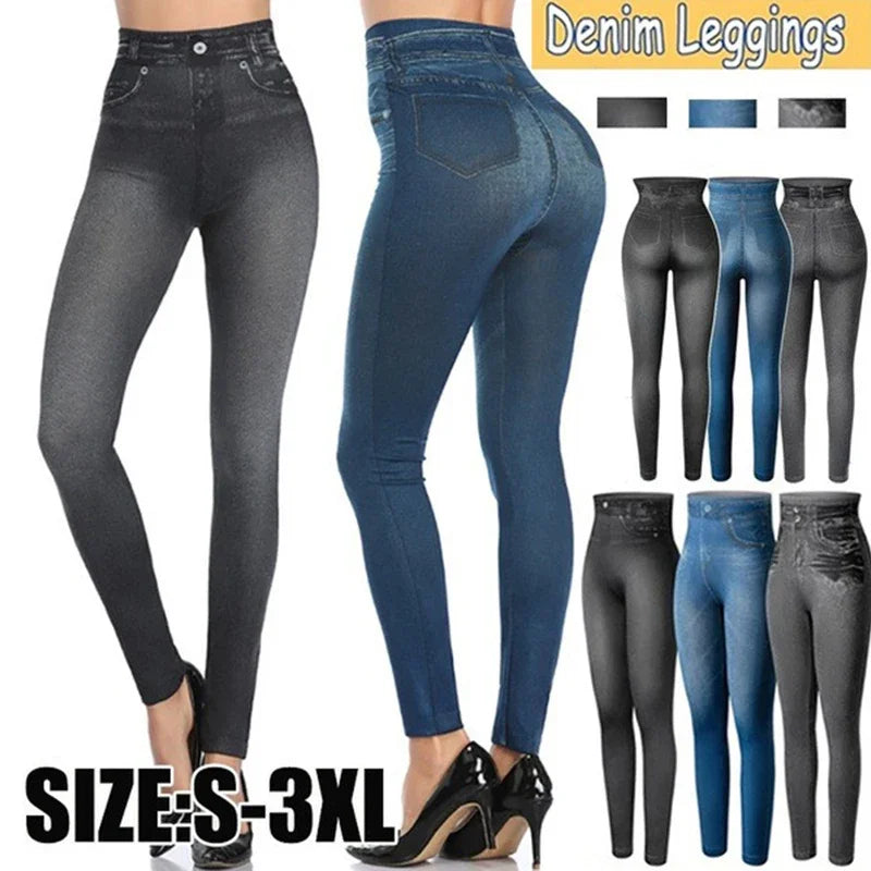 Seamless High Waist Cotton Imitation Denim Women Leggings Hollow Out And Sexy Design Slim Soft Women Pants Elastic Pocket Jeans
