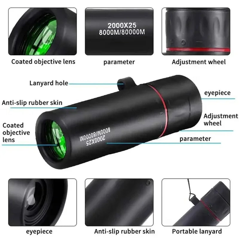 New Mini Portable 2000x25 HD Monocular Telescope With Phone Holder For Camping Hunting Birdwatching Travel Phone Photography