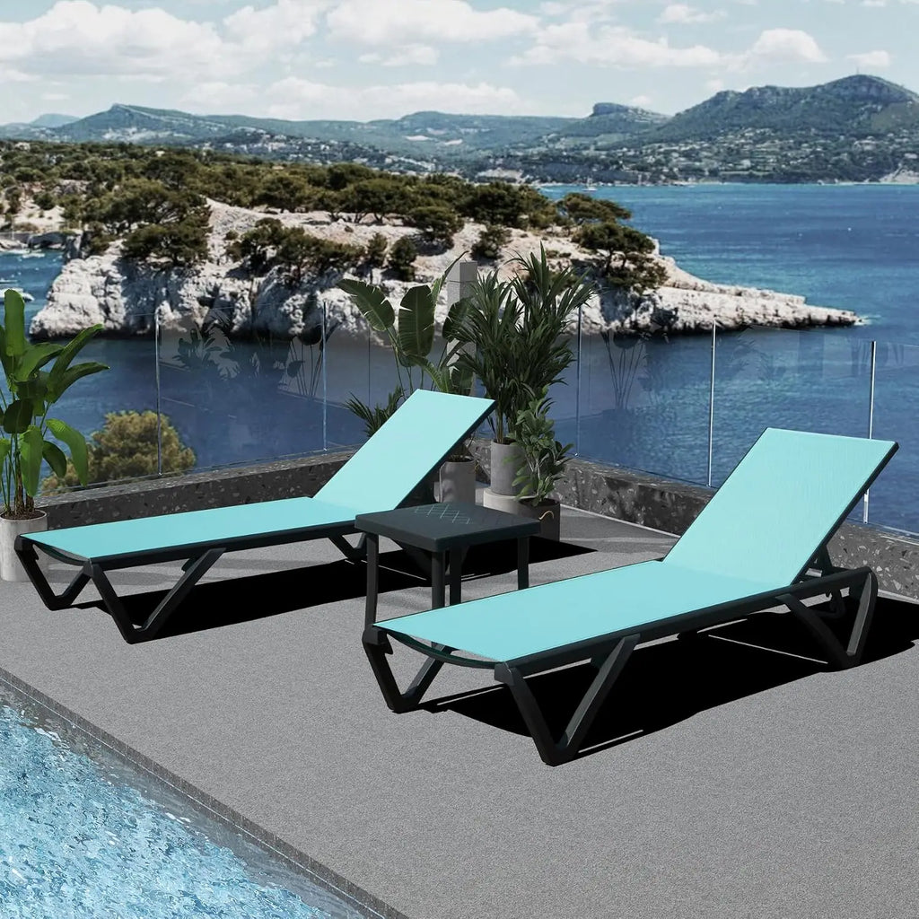 Outdoor Aluminum Chaise Lounge 3-Piece Set 5-Position Adjustable Recliner with Side Table for Patio Beach Pool Yard, Customized