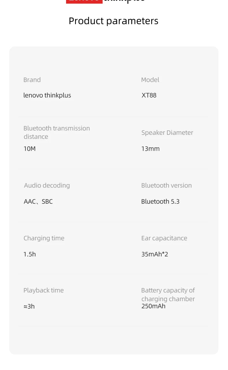 Original Lenovo XT88  Bluetooth Wireless Earphones In Ear HiFi Stereo Sound Earbuds Noise Reduction Sports Headset with Mic