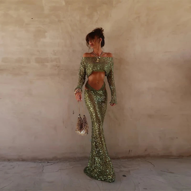 Sexy Sequined Bikini Pants Set Women Sleeveless Backless Halter Cropped Top Wide Leg Pant 2026 Summer Beach Holiday Party Suit