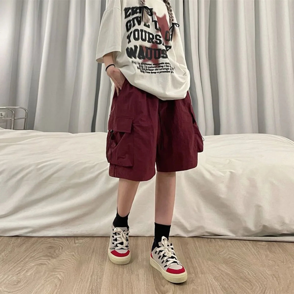Women High Waist Cargo Shorts American Style Streetwear Summer Wide Leg Pants Fashion Female Big Pocket Loose Shorts