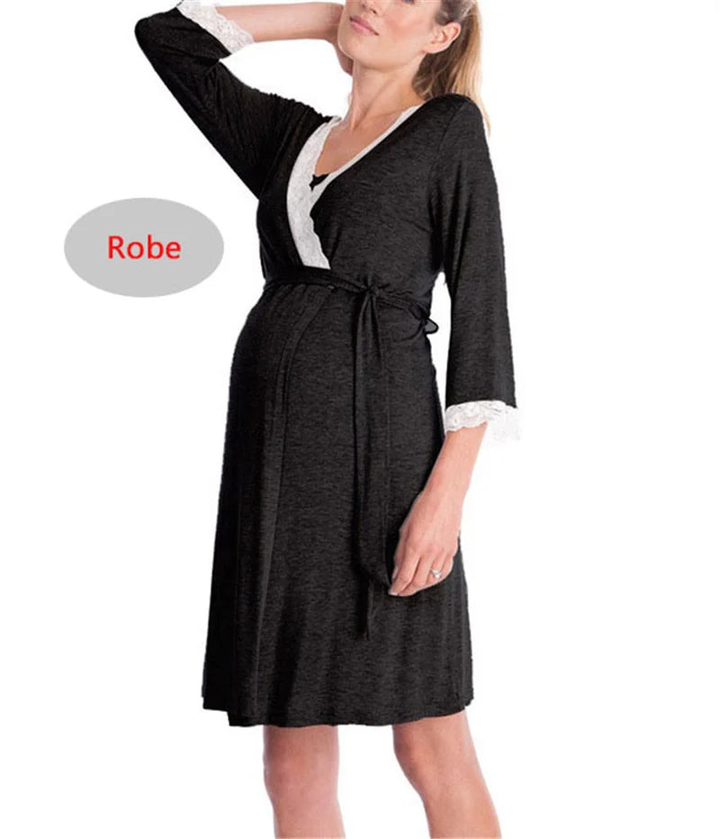 Maternity Robe Nightgown Pregnant Women Nursing Nightwear Lace Sleepwear With Adjustable Belt Pajama Dress Pregnancy Clothes